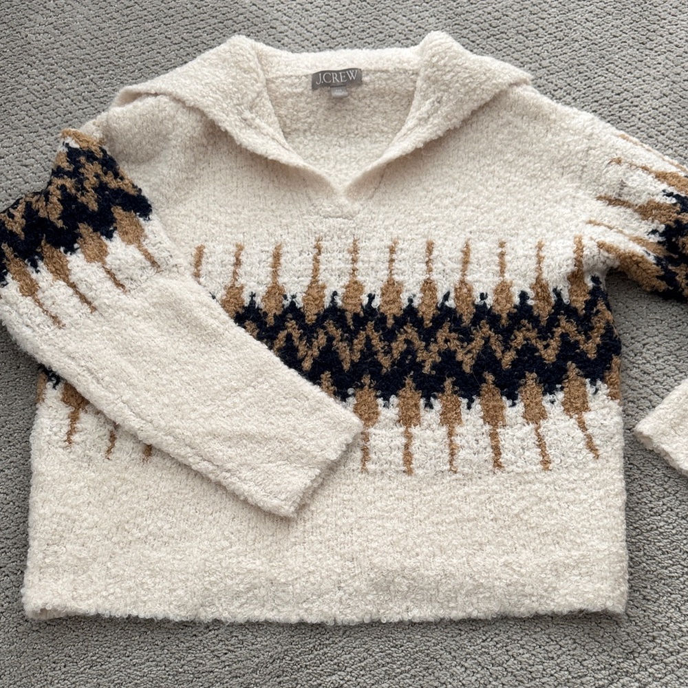 J. Crew Cream and Navy Patterned V-Neck Sweater